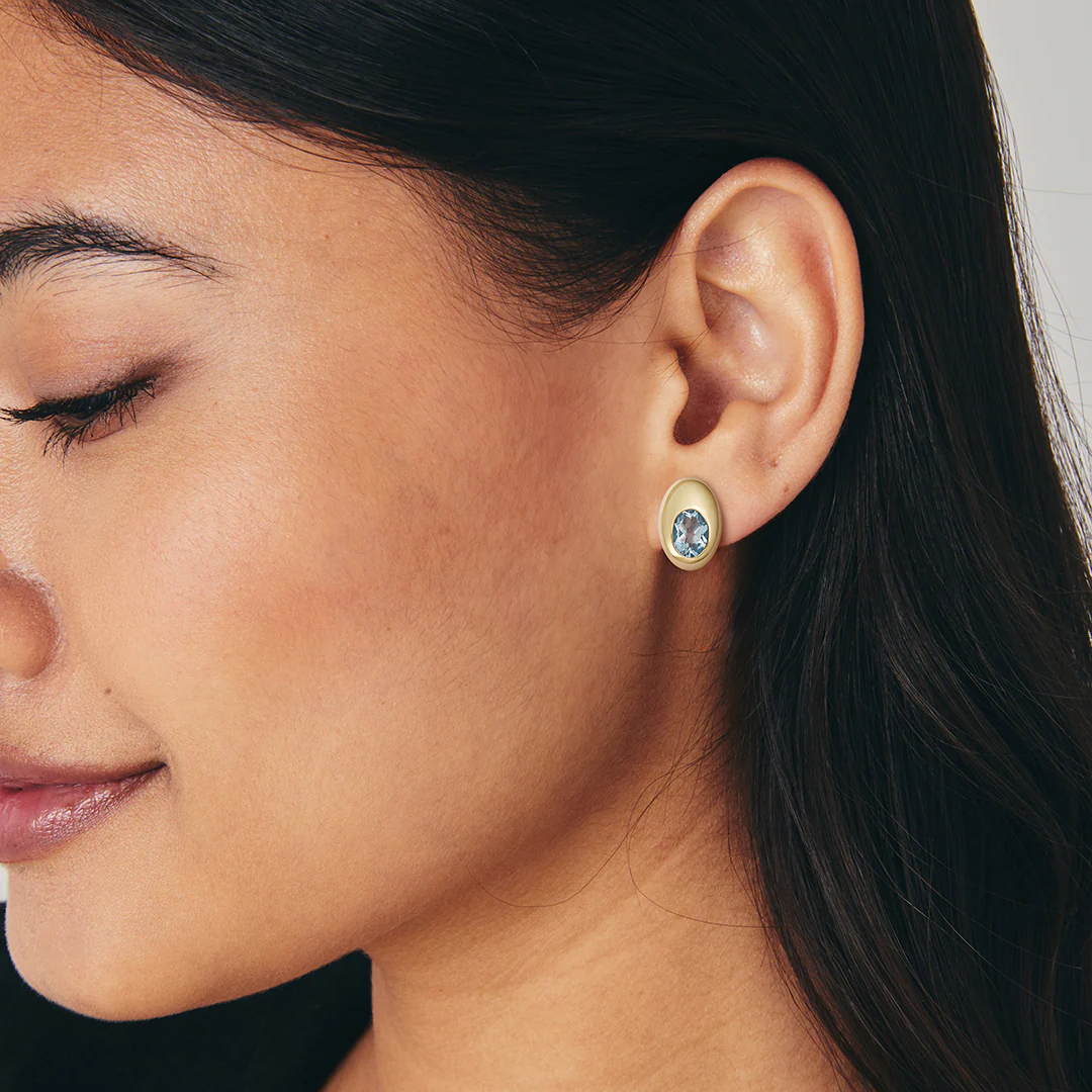 Everyday Gold Blue Topaz Domed Oval Earrings - Image 3