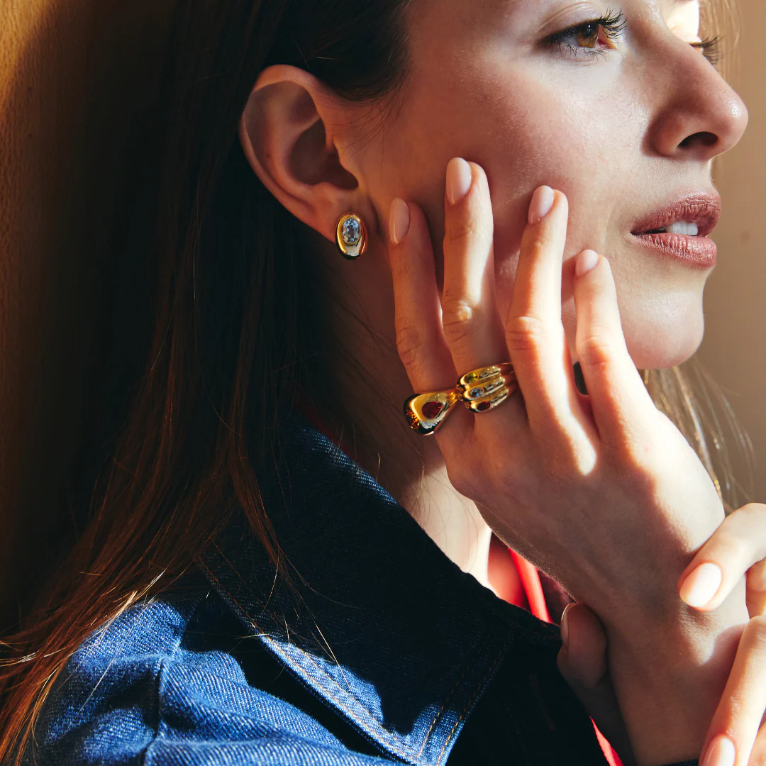 Everyday Gold Blue Topaz Top Domed Oval Earrings - Image 2