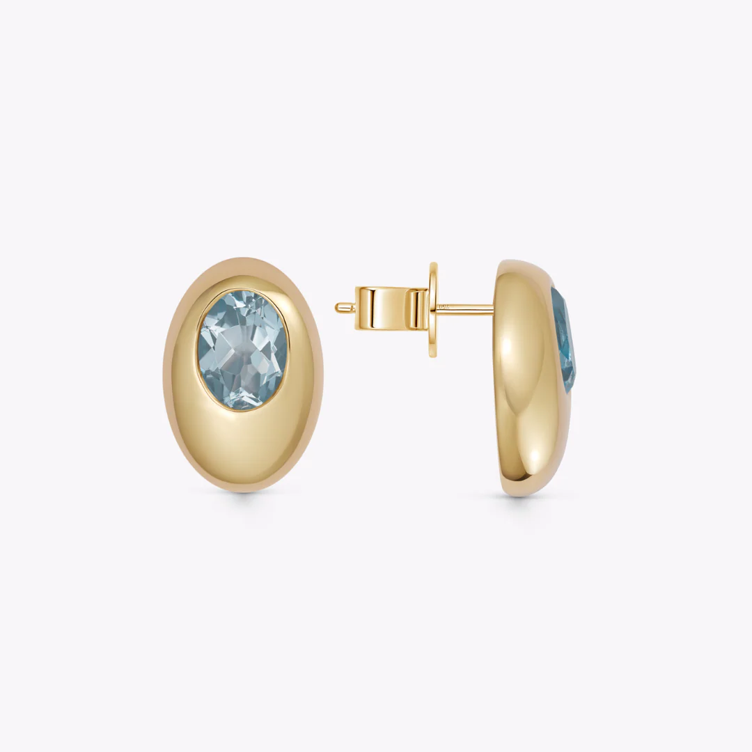 Everyday Gold Blue Topaz Top Domed Oval Earrings - Image 3