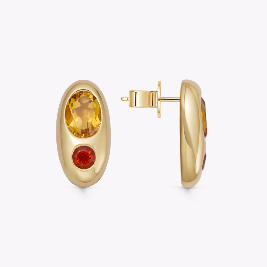 Everyday Gold Citrine and Fire Opal Domed Oval Earrings - Image 2