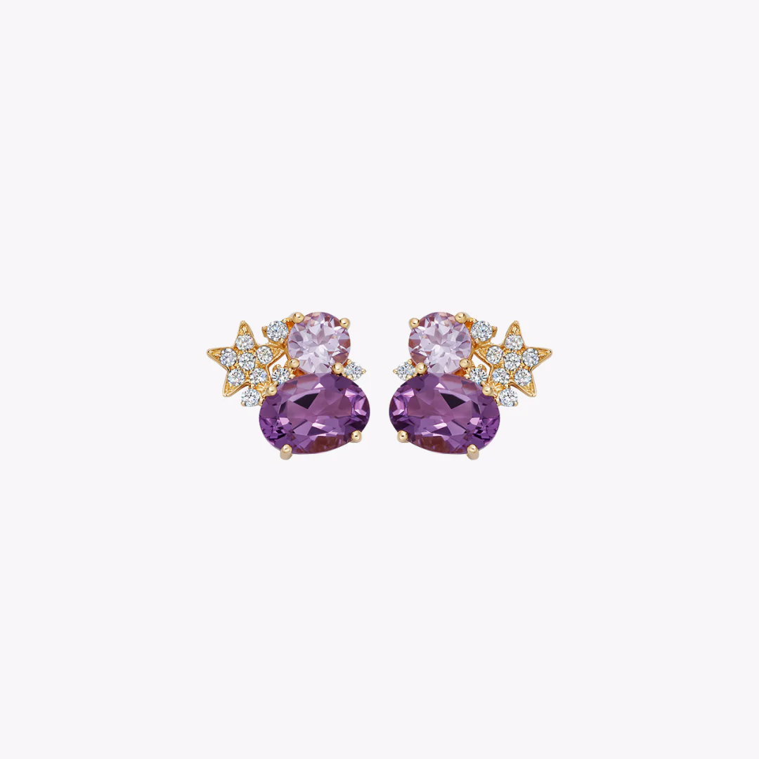 Fireworks Amethyst and Diamond Cluster Stud Earrings