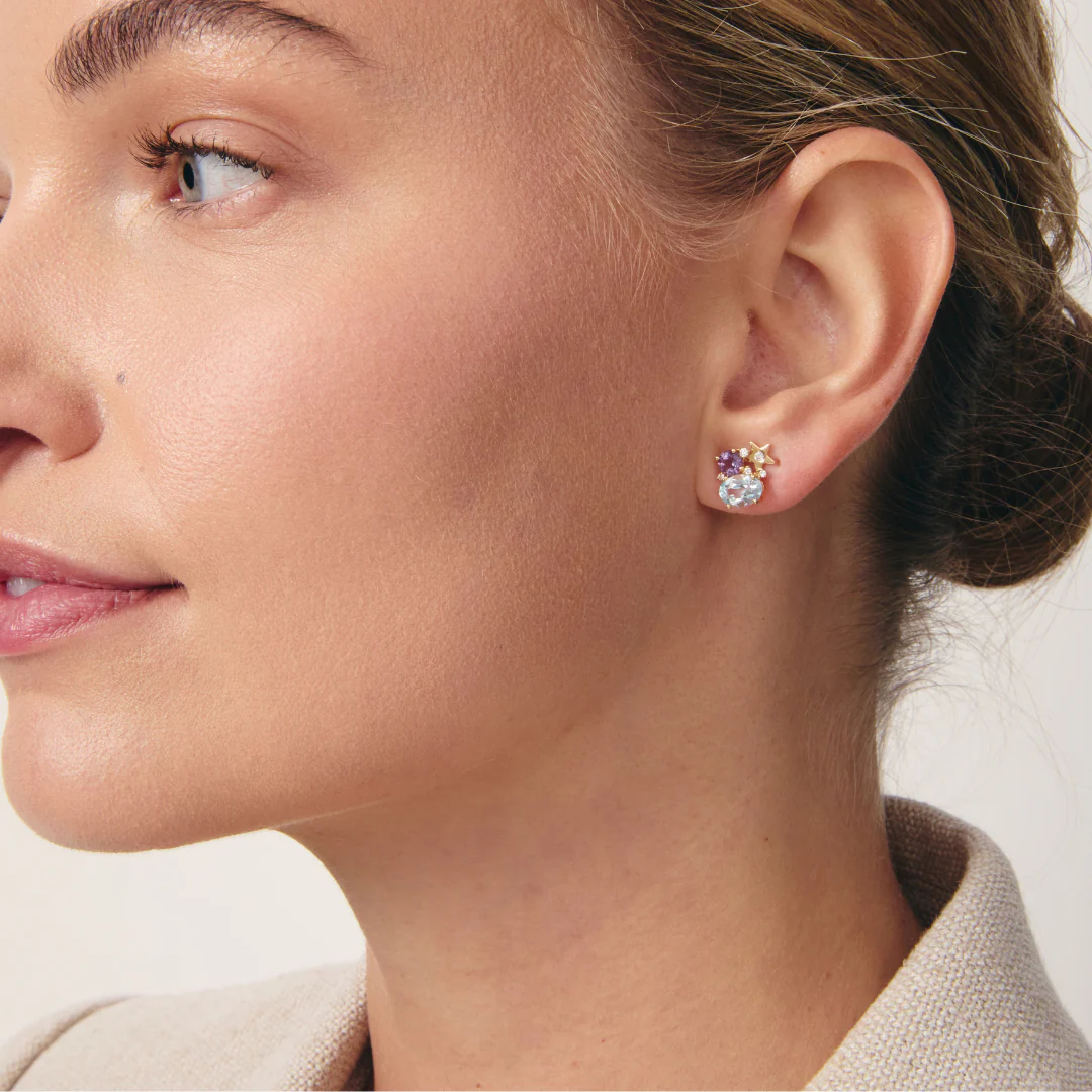 Fireworks Blue Topaz, Lavender Amethyst and Diamond Cluster Stud Earrings - Image 2