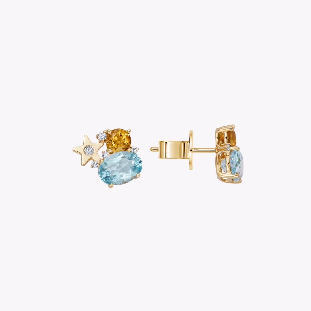 Fireworks Blue Topaz, Citrine and Diamond Cluster Stud Earrings - Image 3