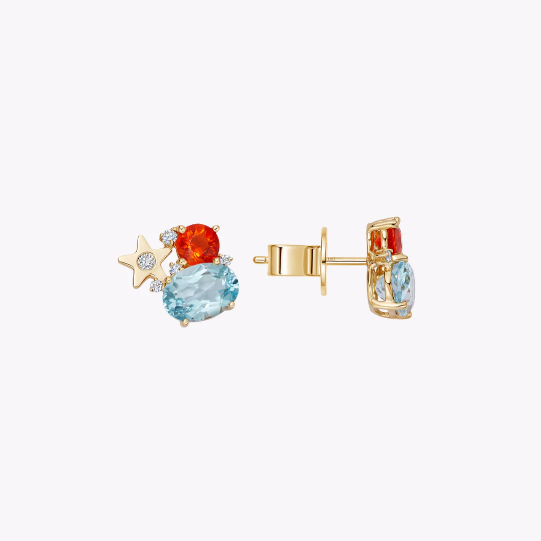 Fireworks Blue Topaz, Fire Opal and Diamond Cluster Stud Earrings - Image 3