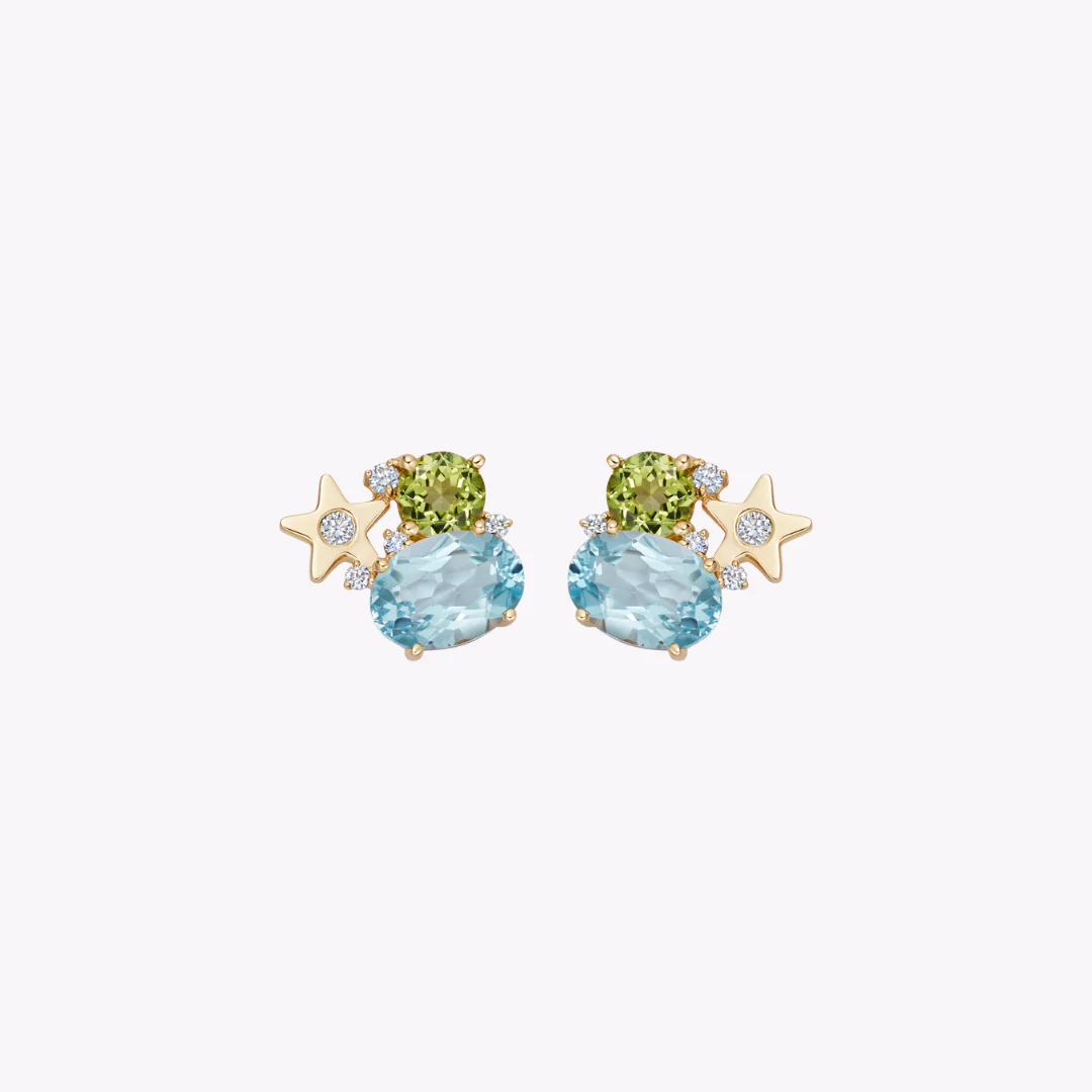 Fireworks Blue Topaz, Peridot and Diamond Cluster Stud Earrings