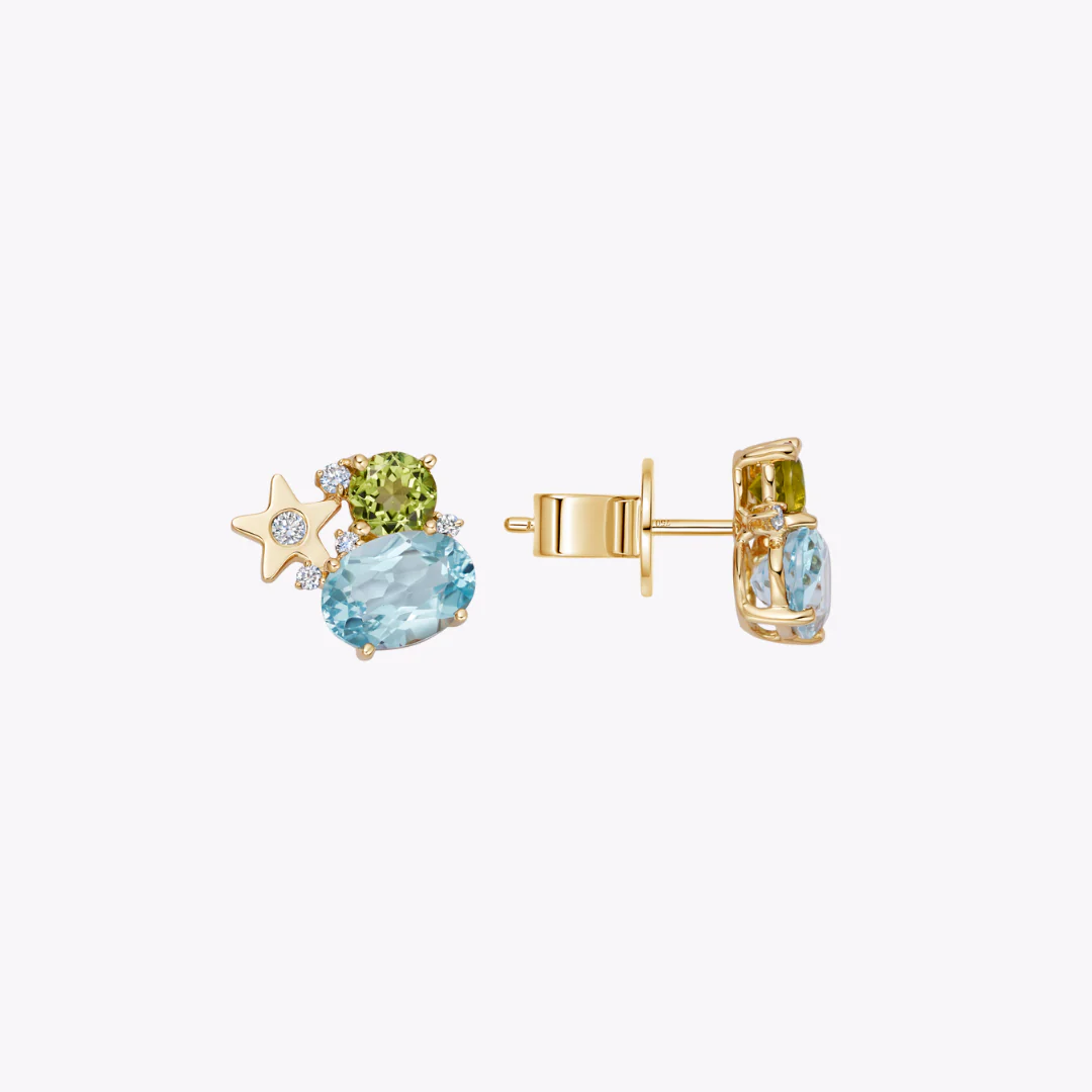 Fireworks Blue Topaz, Peridot and Diamond Cluster Stud Earrings - Image 2
