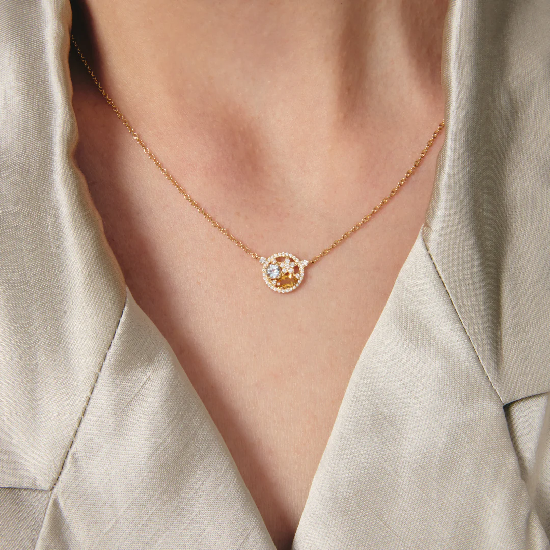 Fireworks Blue Topaz, Citrine and Diamond Surround Cluster Necklace - Image 2