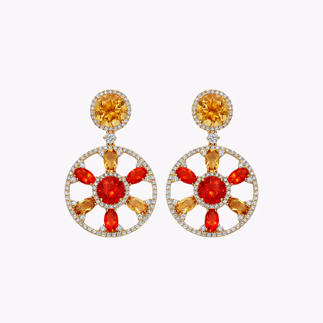 Fireworks Citrine, Fire Opal and Diamond Round Sparkler Earrings