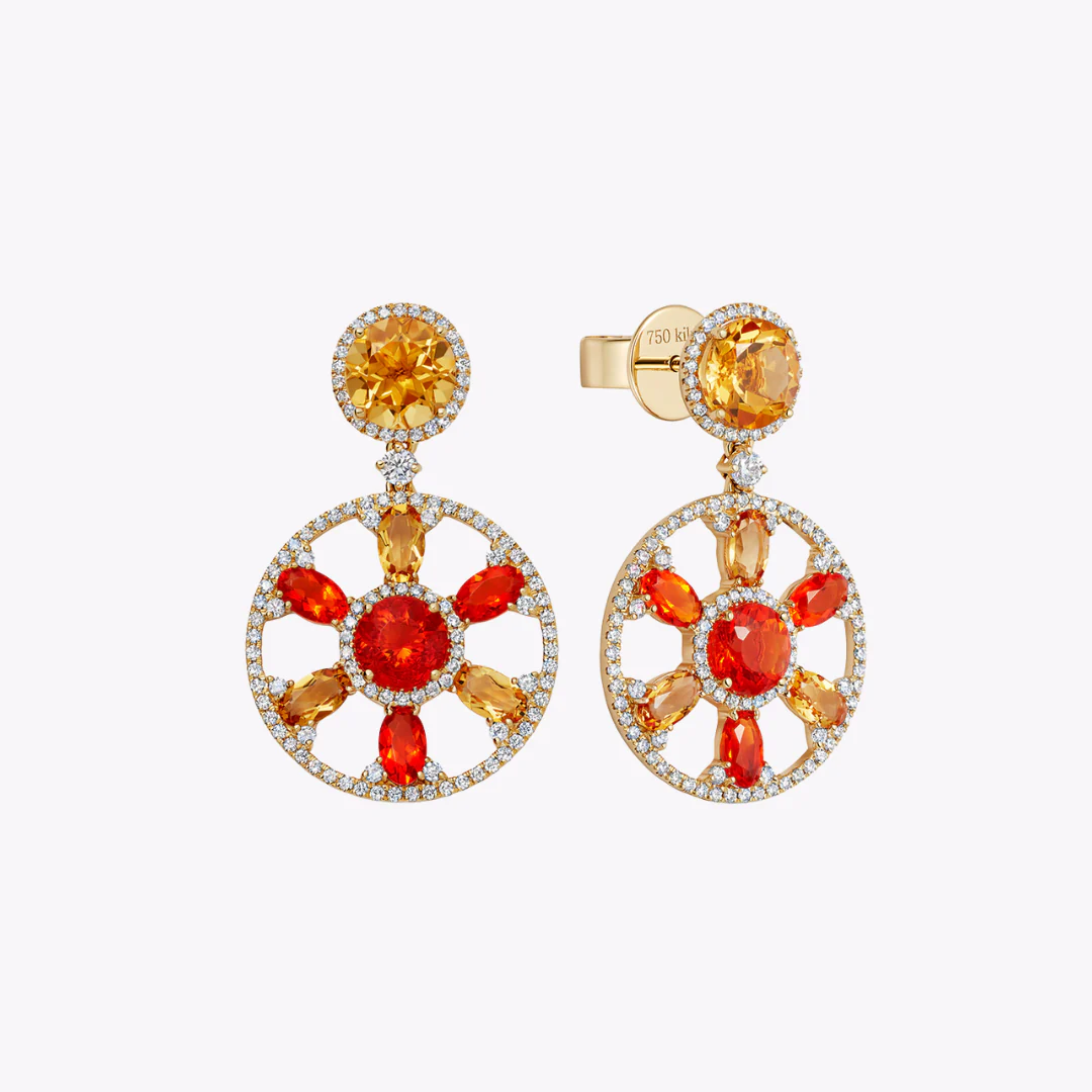 Fireworks Citrine, Fire Opal and Diamond Round Sparkler Earrings - Image 3
