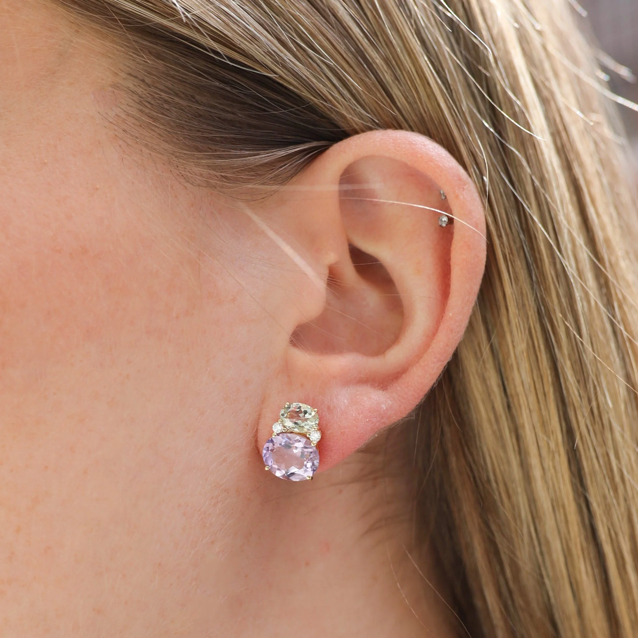 Kiki Classics Lavender Amethyst, Green Amethyst and Diamond Double Oval Studs - Image 2