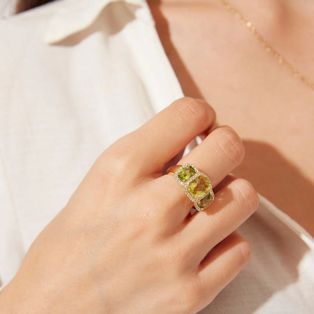 Kiki Classics Triple Stone Lemon Quartz, Peridot and Diamond Ring - Image 2
