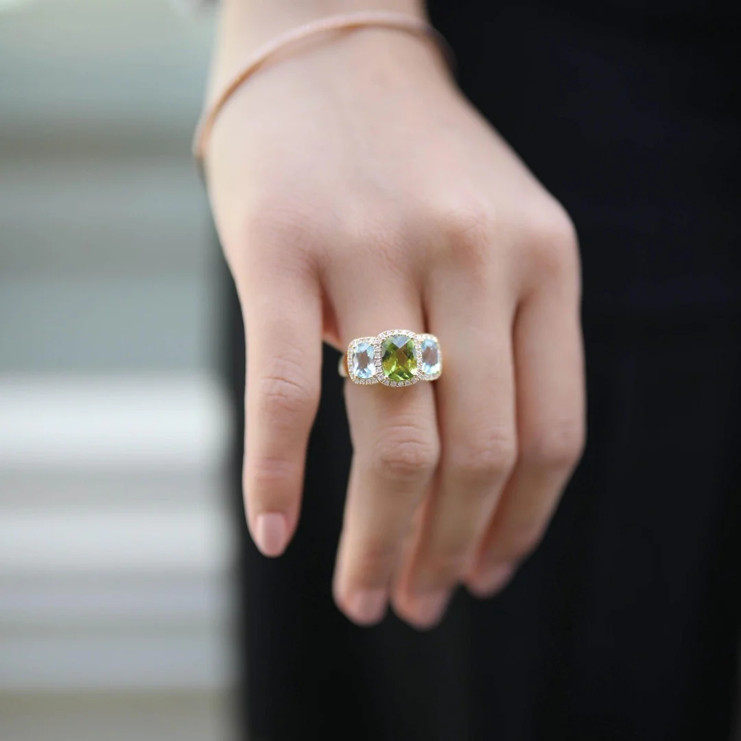 Kiki Classics Triple Stone Peridot, Blue Topaz and Diamond Ring - Image 2
