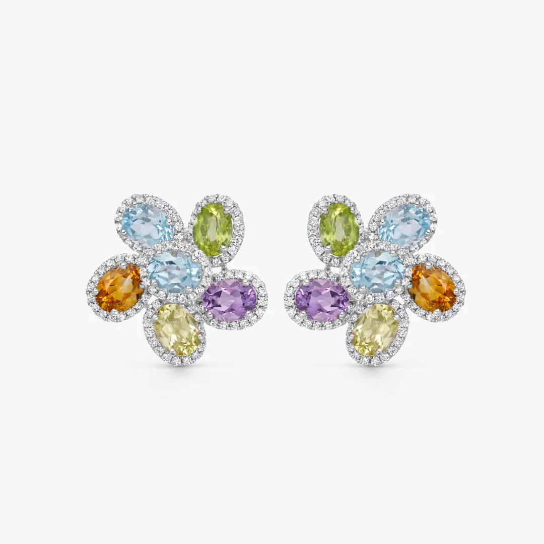 Kiki Retrospective Multi Gemstone and Diamond Five Petal Flower Earrings