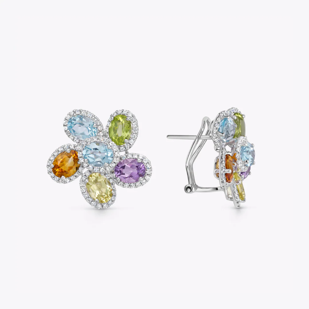 Kiki Retrospective Multi Gemstone and Diamond Five Petal Flower Earrings - Image 2