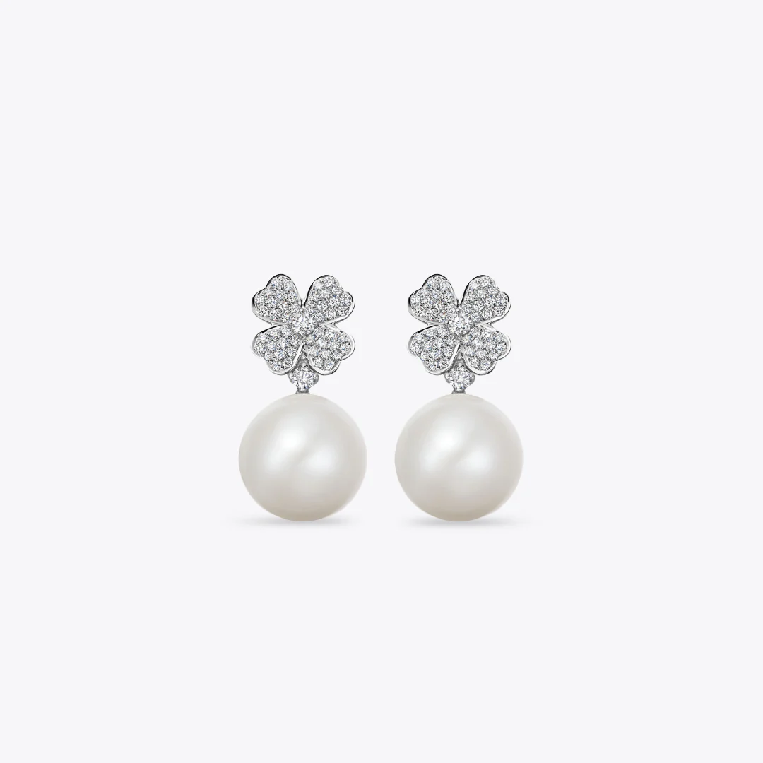 Pearl Round and Diamond Clover Earrings