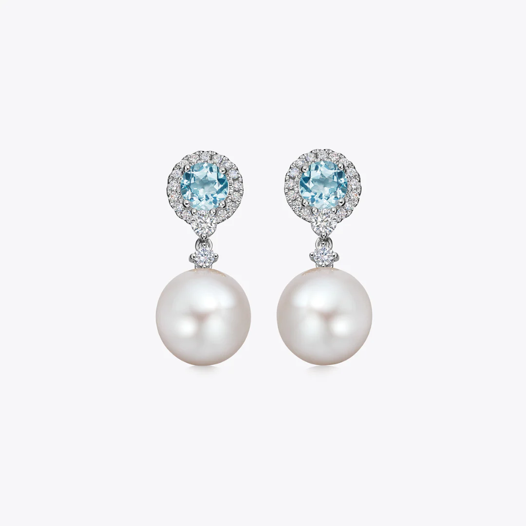 Pearl, Blue Topaz and Diamond Earrings
