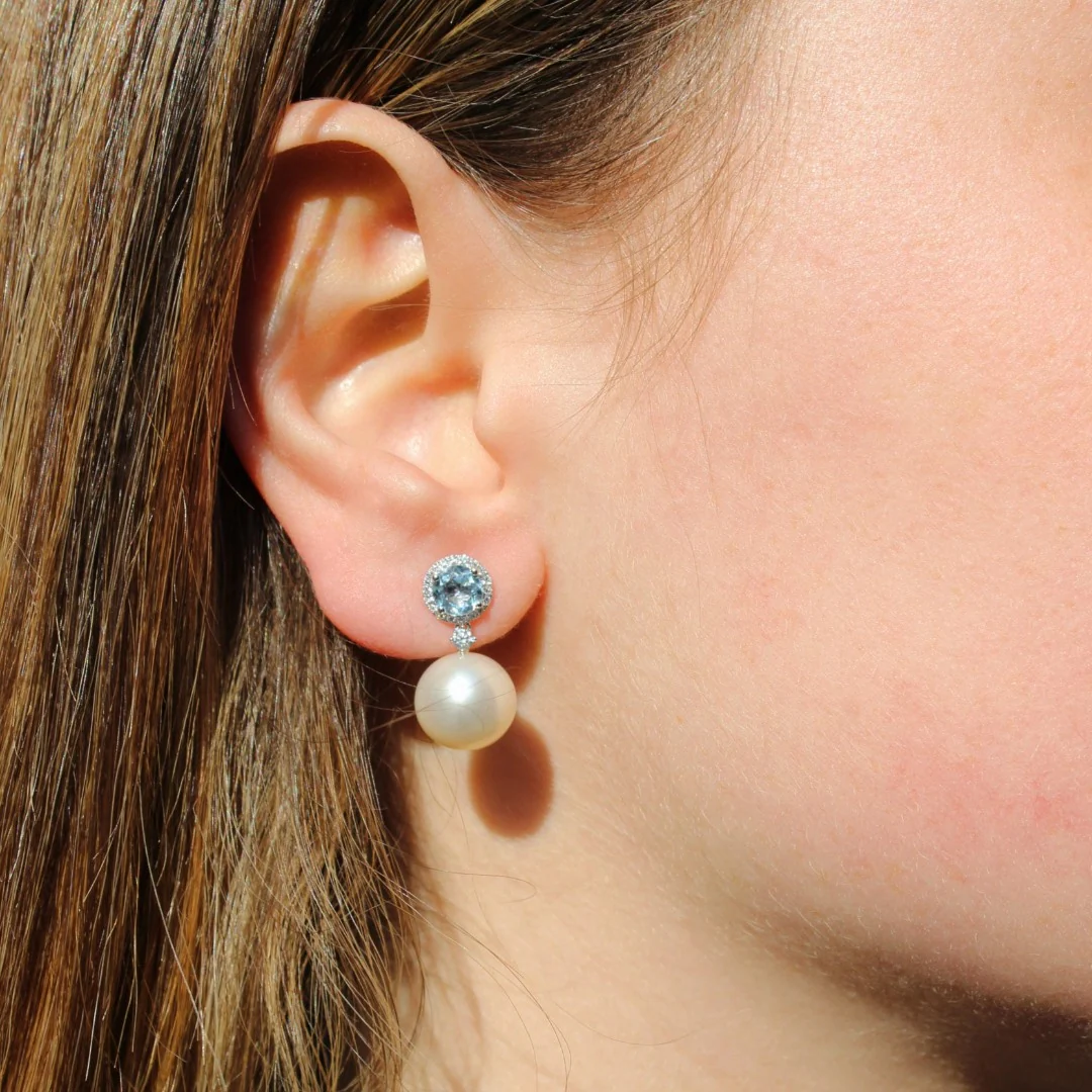 Pearl, Blue Topaz and Diamond Earrings - Image 2