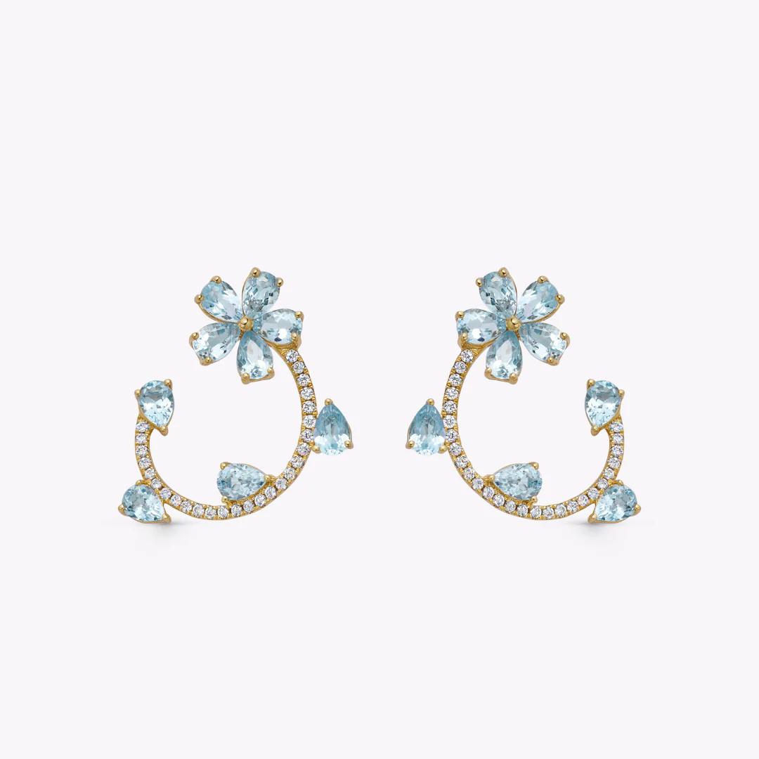 Petals Blue Topaz and Diamond Curl Earrings