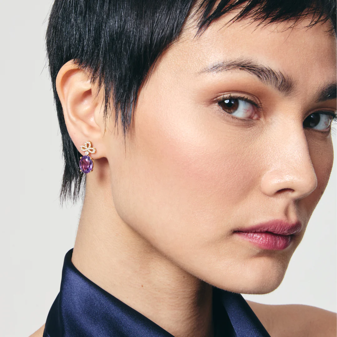 Signatures Tri Petal Top Amethyst and Diamond Earrings - Image 2