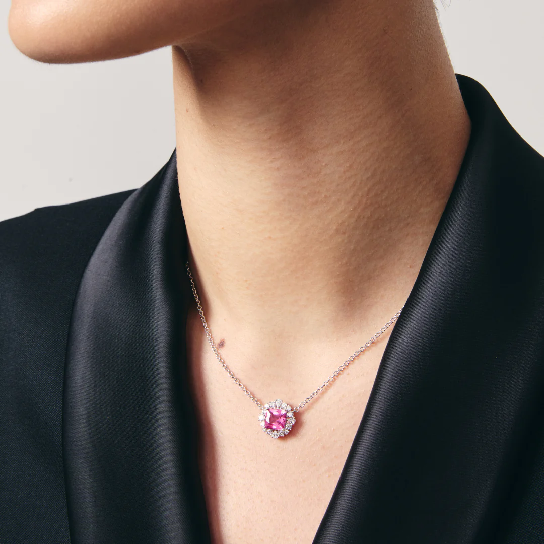 Special Editions Pink Tourmaline and Diamond Halo Necklace - Image 2