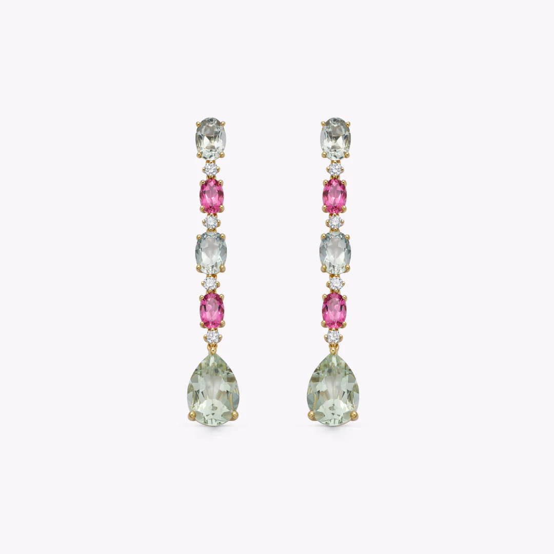 Special Editions Pink Topaz, Green Amethyst and Diamond Drop Earrings
