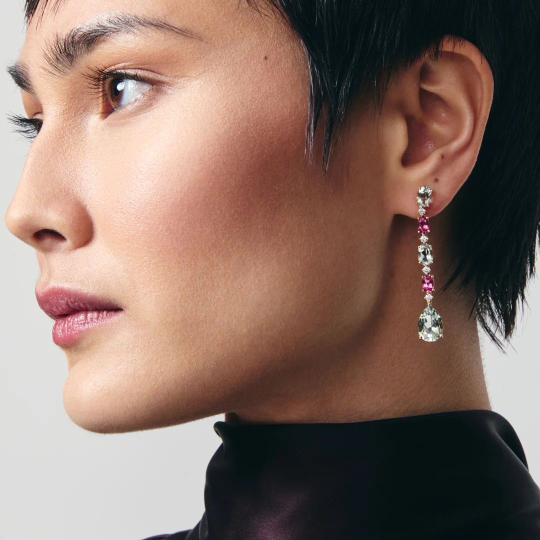 Special Editions Pink Topaz, Green Amethyst and Diamond Drop Earrings - Image 2