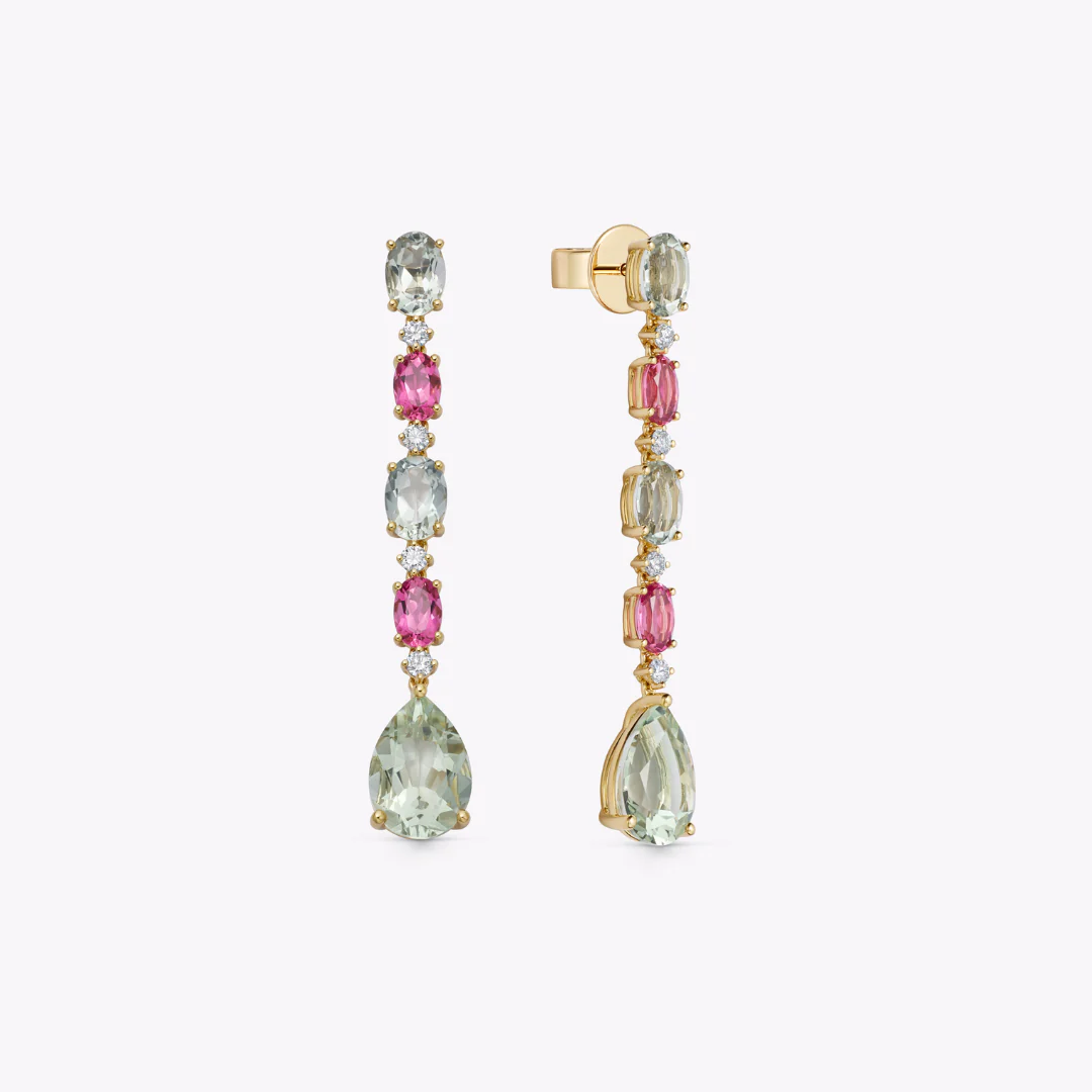 Special Editions Pink Topaz, Green Amethyst and Diamond Drop Earrings - Image 3